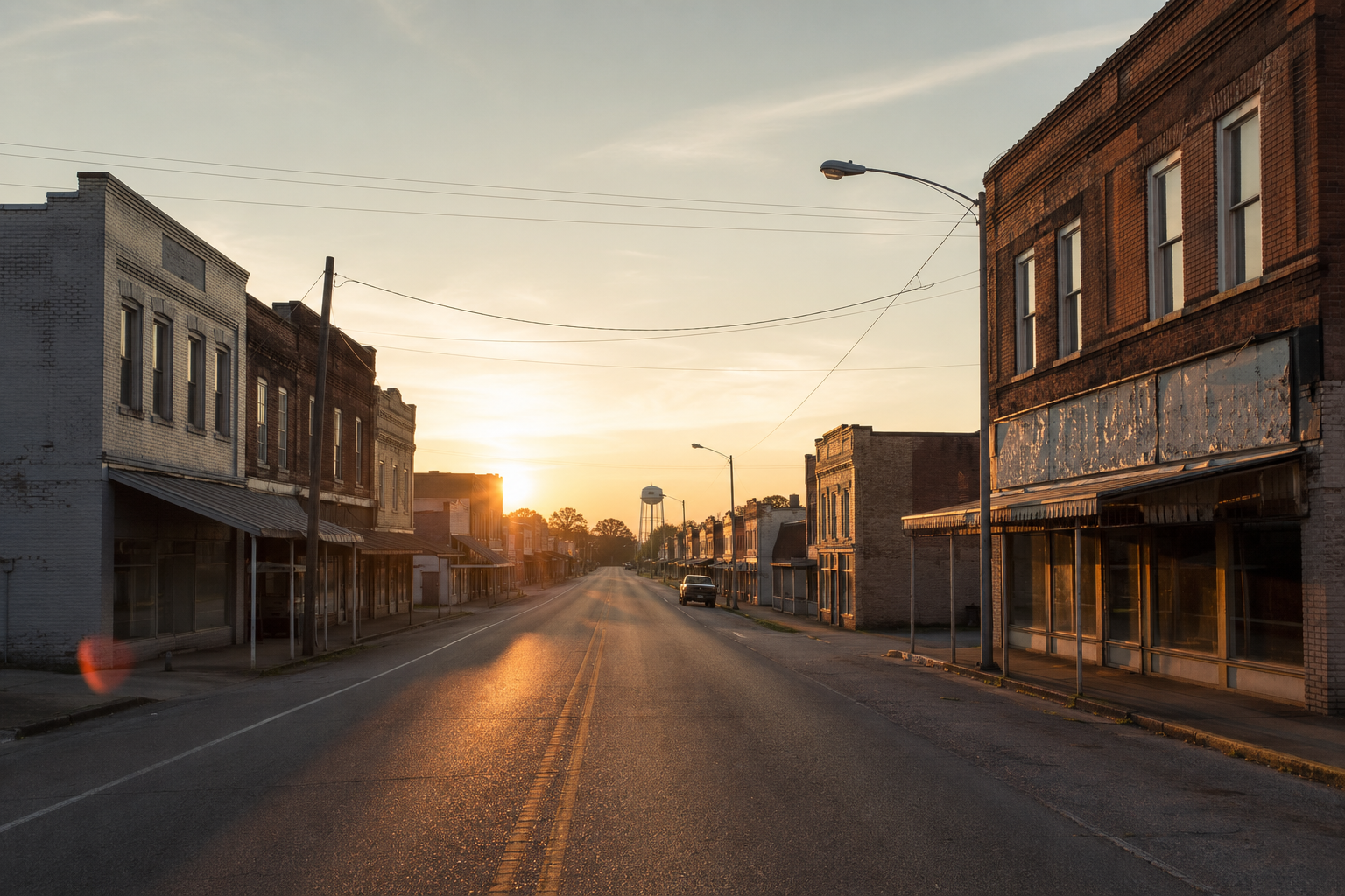 An empty small-town Alabama main street at sunrise, with brick storefronts and a water tower in the distance.